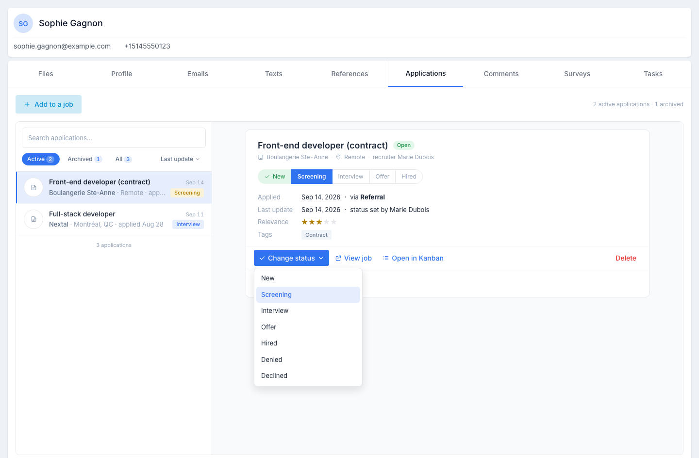 The Change status menu open on an application: the statuses of the job's workflow, the current one marked.