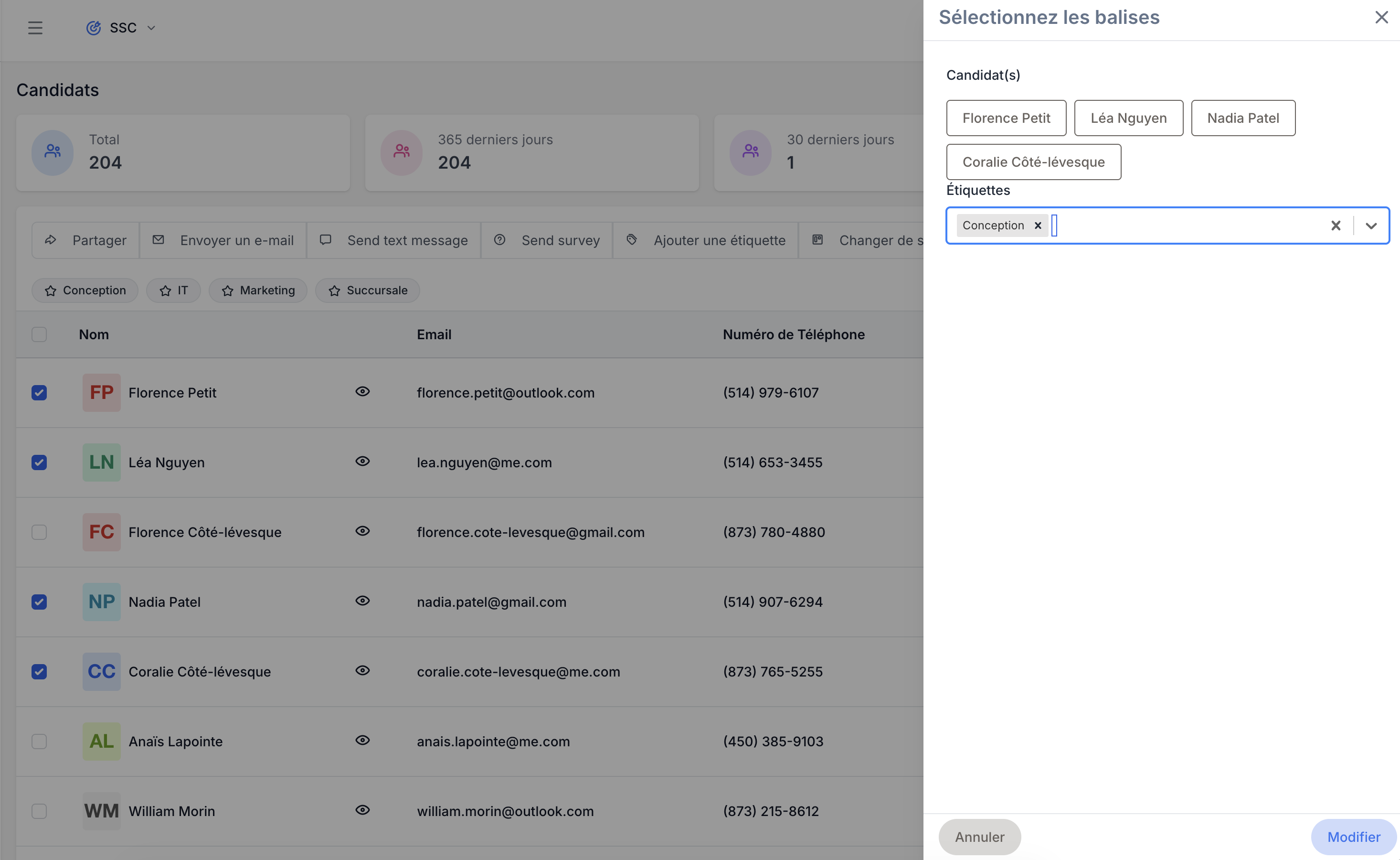 The candidate list with several rows ticked and the Select tags side panel open on the right, showing the Tags field and the Update button