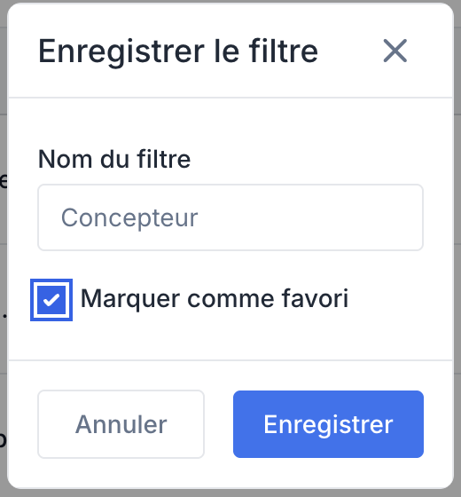 The Save filter modal with the Filter name field and the Mark as favorite checkbox ticked