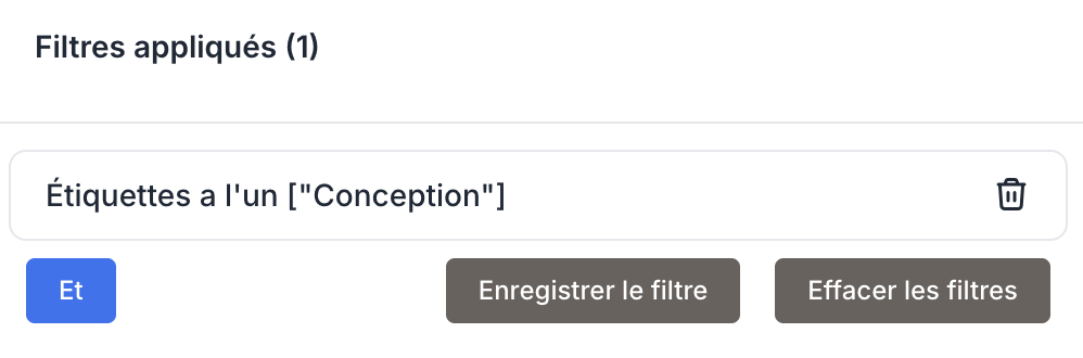 The Applied filters section of the panel with the Tags filter active and the Save filter button highlighted