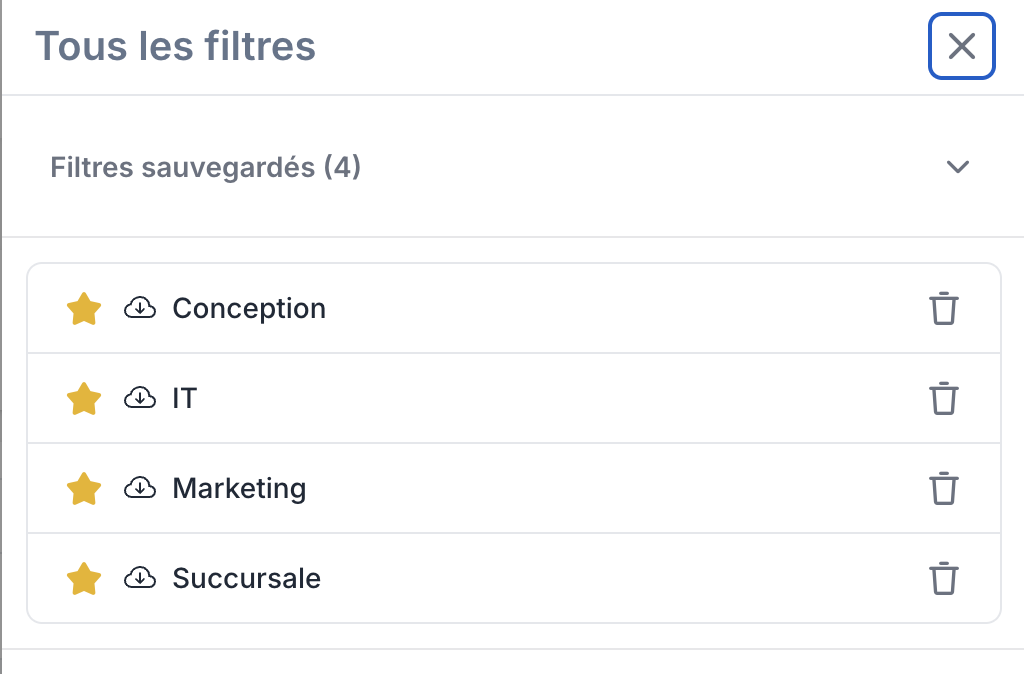 The All filters panel with the Saved filters section: each filter has its clickable name, a star for favorite and a trash icon to delete it