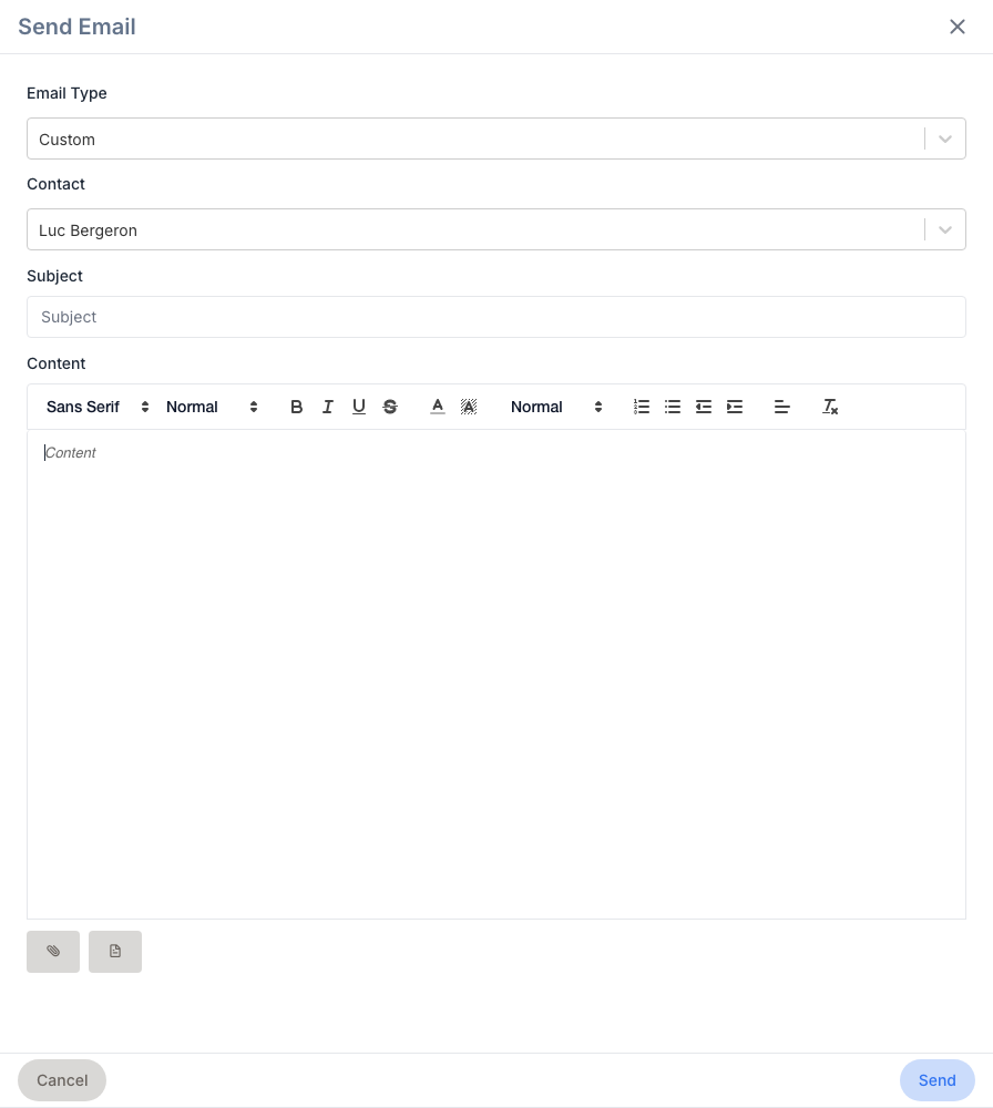 The Send Email side panel of a client: the Email Type (Custom), the Contact picker (Luc Bergeron), the Subject, the Content editor, the attachment buttons, then Cancel and Send.