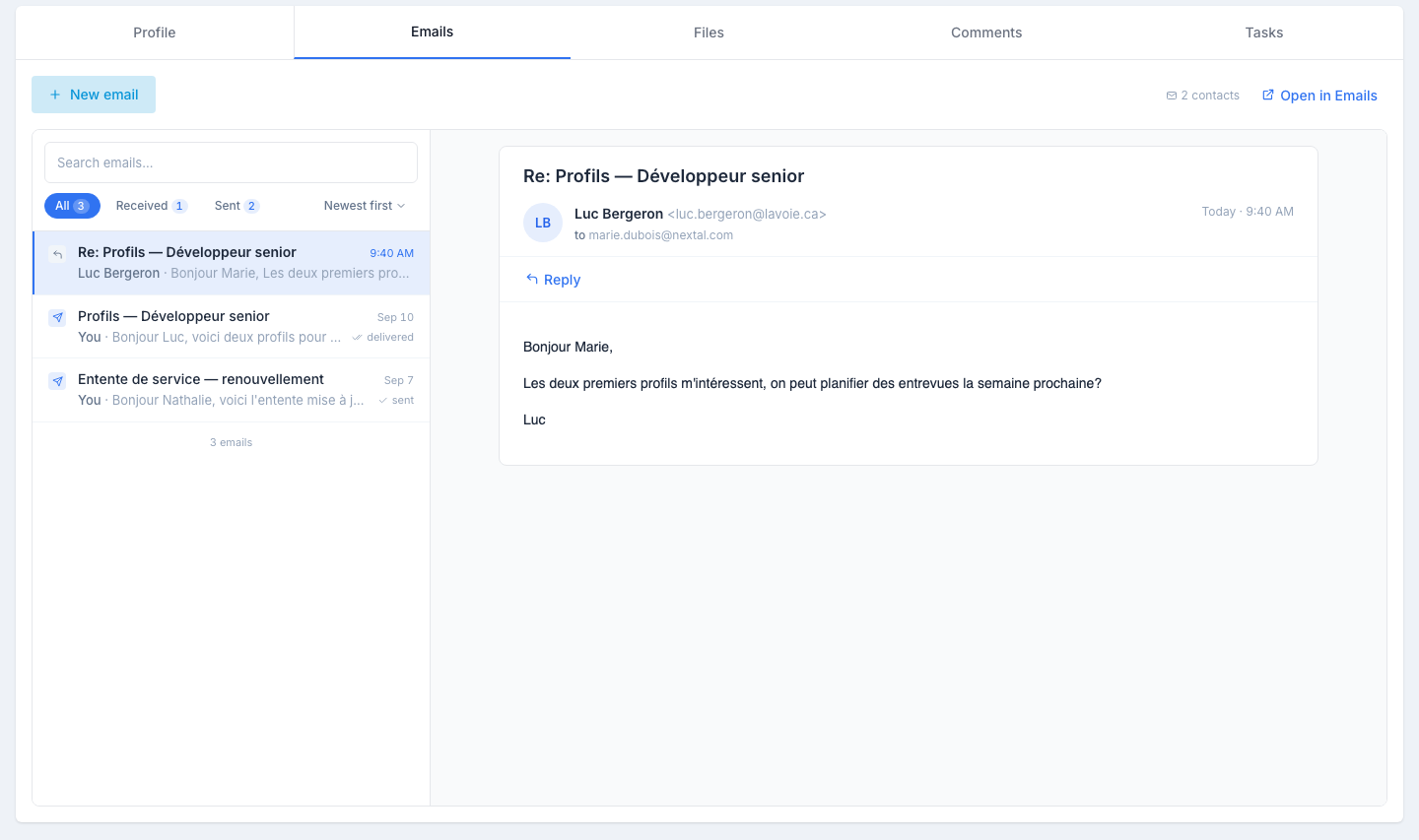 The Emails tab on a client profile: the New email button, the “2 contacts” indicator and the Open in Emails link at the top; the email list on the left with the All / Received / Sent chips and the sort; the selected email read on the right with the Reply button.