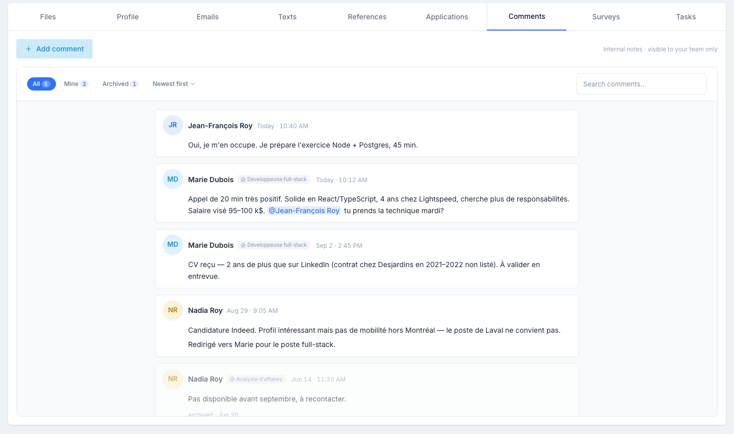 The Comments tab: the Add comment button at the top, the All / Mine / Archived chips, the sort and the search, then the feed of notes — author, related job, date, text with an @mention — and an archived note dimmed at the bottom.