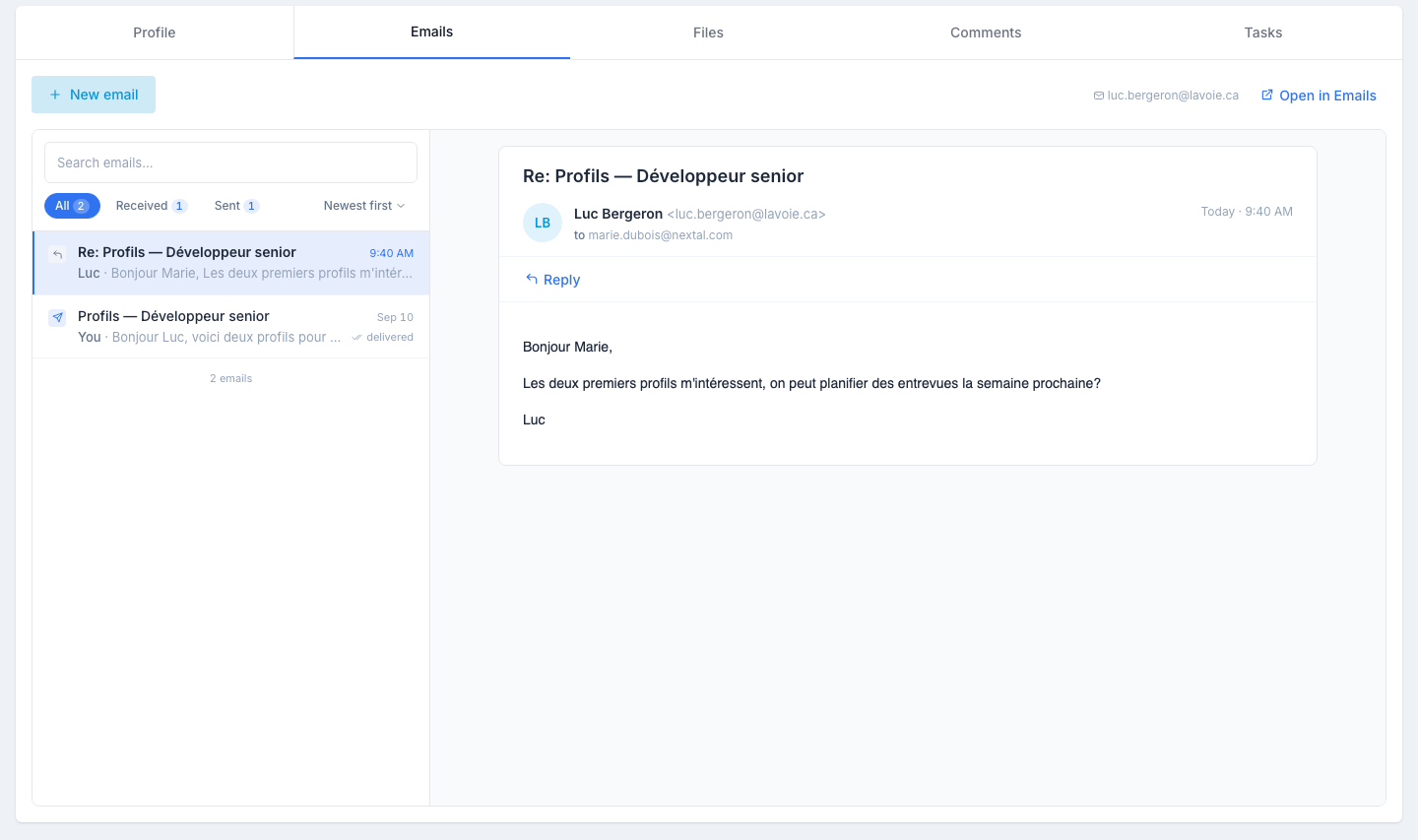 The Emails tab on a contact profile: the New email button, the contact's address and the Open in Emails link at the top; the email list on the left with the All / Received / Sent chips and the sort; the selected email read on the right with the Reply button.