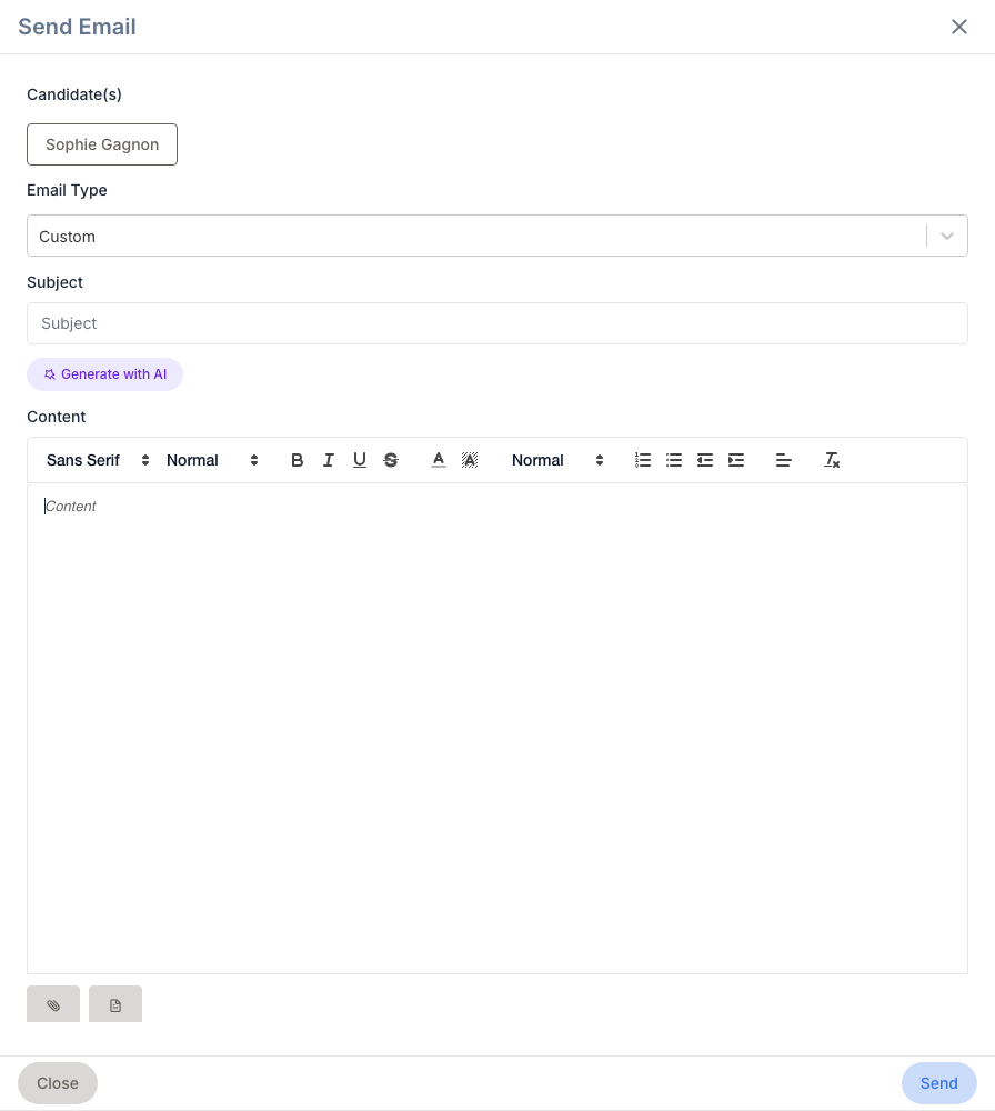 The Send Email side panel: the candidate chip, the email type (Custom), the subject, the Generate with AI button, the content editor, the attachment buttons, then Close and Send.