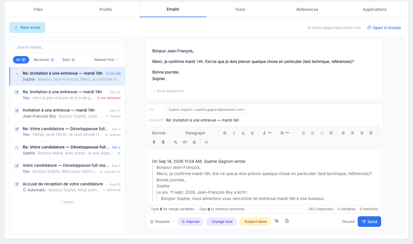An email received from the candidate with, underneath, the inline reply area: the recipient, the “Re: …” subject, the editor with the original message quoted, and the bar with Template, Improve, Change tone, Subject ideas, Attach, Discard, Send.