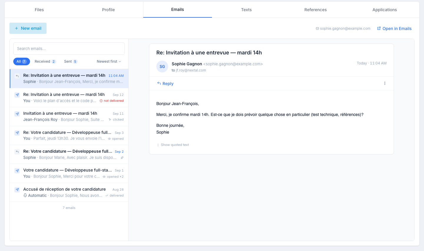 The Emails tab: the New email button and the candidate's address at the top, the email list on the left with the All / Received / Sent chips and the sort, and the selected email read on the right with the Reply and More buttons.
