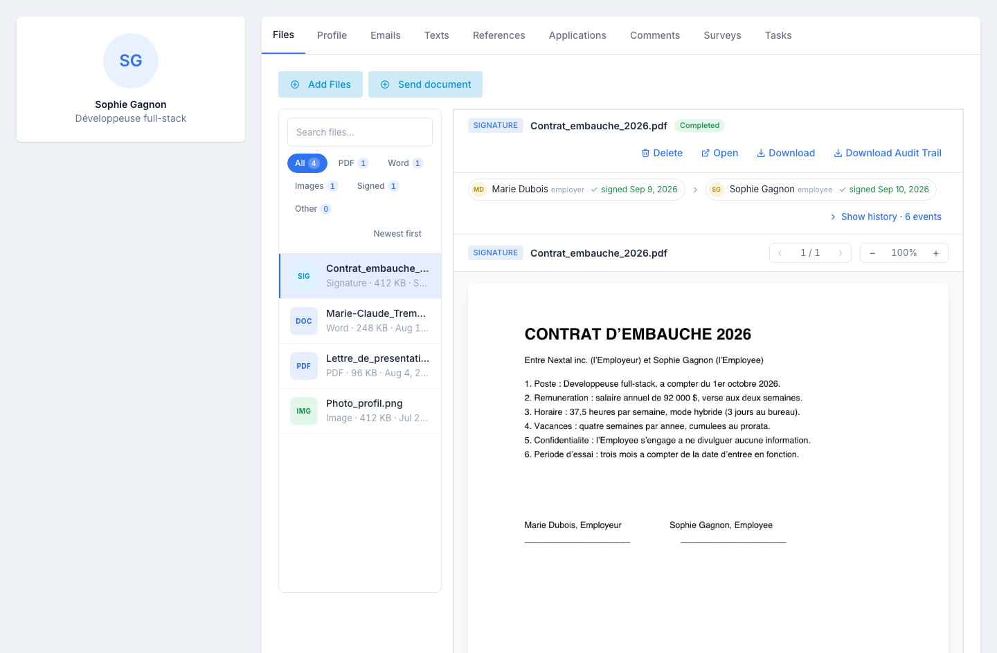 A completed document: the green Completed pill in the toolbar, two signers marked signed with their date, and the folded Show history · 6 events link.