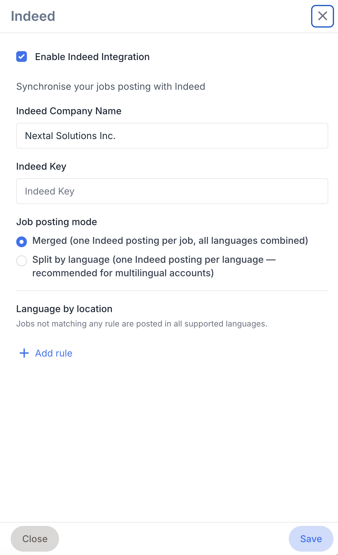 The Indeed panel with Enable Indeed Integration checked, the Indeed Company Name filled in, the Indeed Key field, the Job posting mode radio buttons and the Save button.