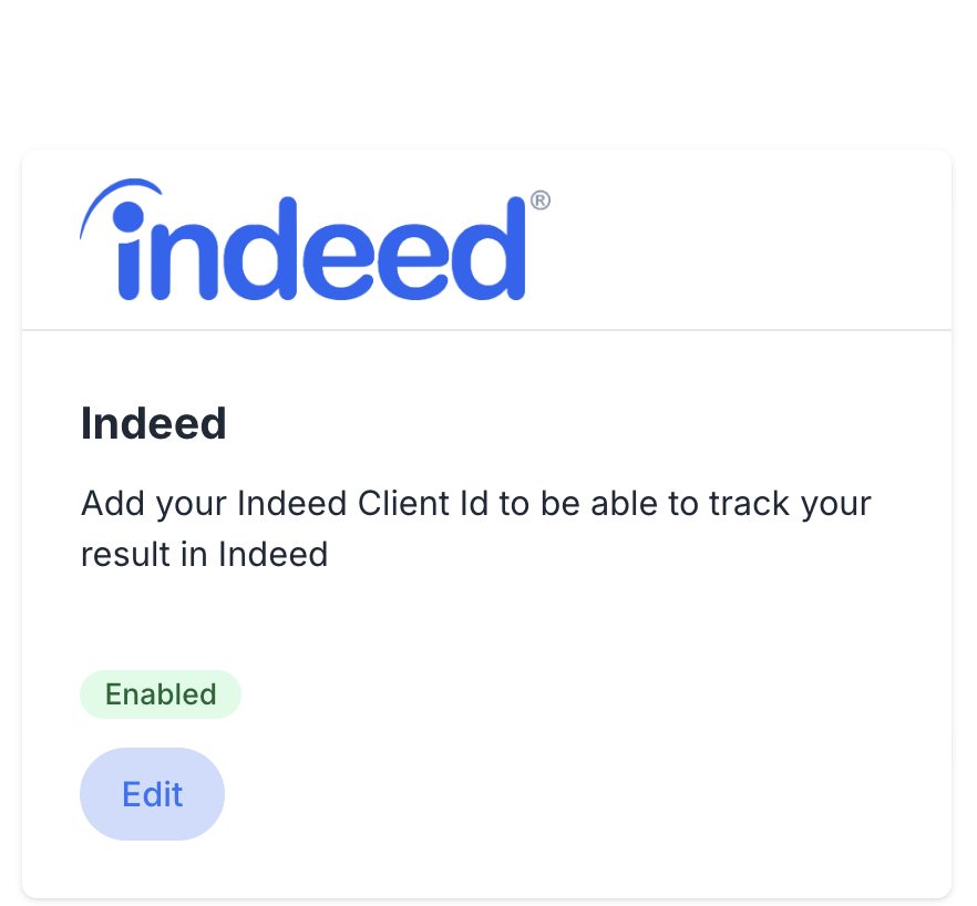 The Administration → Integrations page with the Indeed card, its logo, the Enabled badge and the Edit button.