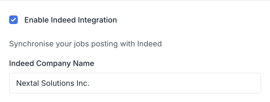 The top of the Indeed panel with Enable Indeed Integration checked again and the Indeed Company Name still filled in.