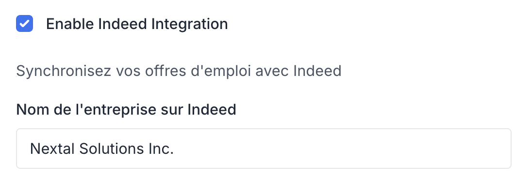 Le haut du panneau Indeed avec la case Activer l'intégration Indeed recochée et le nom de l'entreprise sur Indeed toujours rempli.