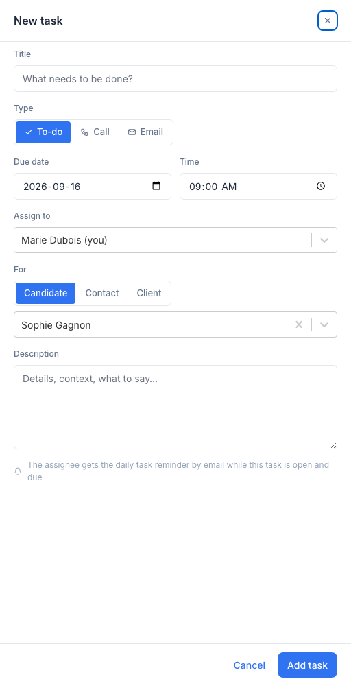 The New task side panel of the My tasks app: Title, the To-do / Call / Email type, Due date and Time, Assign to (Marie Dubois, you), the For picker with the Candidate / Contact / Client kinds and a search field holding Sophie Gagnon, Description, the note about the daily reminder, then Cancel and Add task.