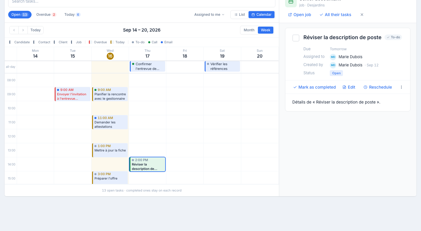 The Week view of My tasks: the days from Monday 14 to Sunday 20 as columns, the all-day row with two tasks without a time, the hours from 8 AM to 5 PM with the tasks at their time, today's column tinted; a selected job task on the right.