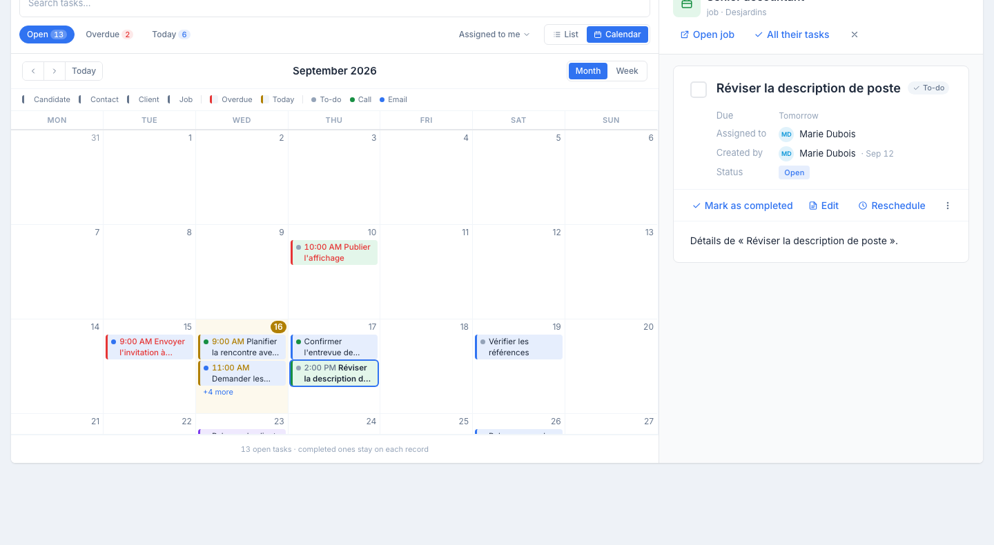 My tasks in the Calendar view: the same Open / Overdue / Today chips, the Assigned to me scope and the List | Calendar toggle; below, the ‹ › Today bar, the September 2026 title and the Month / Week toggle, then the month grid with the tasks on their dates, tinted by record, bordered red when overdue and amber today; a selected job task opens on the right with Open job and All their tasks.
