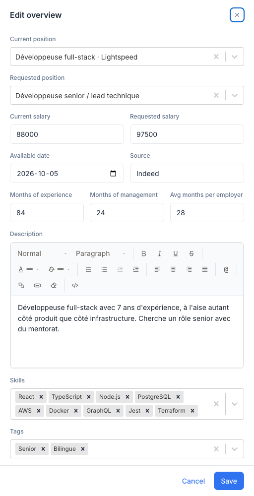 The Edit overview side panel: Current position and Requested position (creatable pickers), Current salary and Requested salary, Available date, Source, the experience months, the description editor, the Skills and Tags pickers, then Cancel and Save.