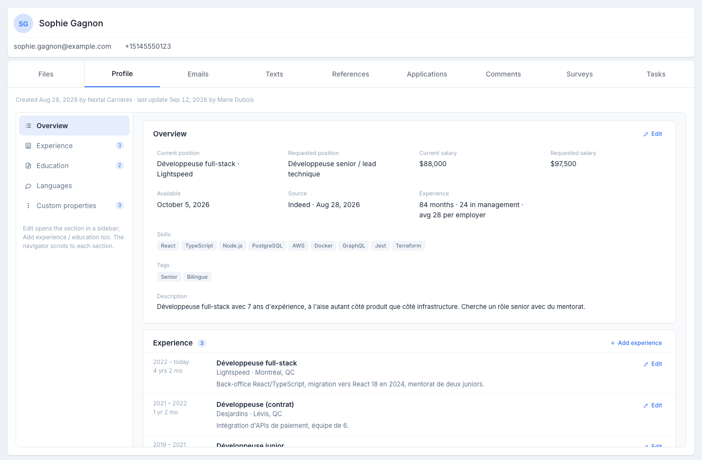 The Profile tab: the “Created … by … · last update … by …” line, on the left the section navigator (Overview, Experience 3, Education 2, Languages, Custom properties 3), on the right the Overview sheet with its properties, the skills and tags as chips, the description, then the Experience sheet with its timeline and an Edit button per entry.
