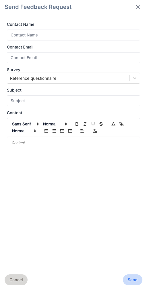 The Send a reference request side panel: Contact Name, Contact Email, the questionnaire picker, the email subject and content, then the Cancel and Send buttons.