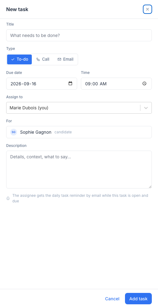 The New task side panel: Title, the To-do / Call / Email type, Due date and Time, Assign to, For (the candidate, read-only), Description, the note about the daily reminder, then Cancel and Save.