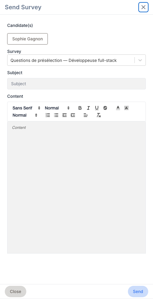 The Send Survey side panel: the candidate chip, the survey picker, the email subject and content, then Cancel and Send.