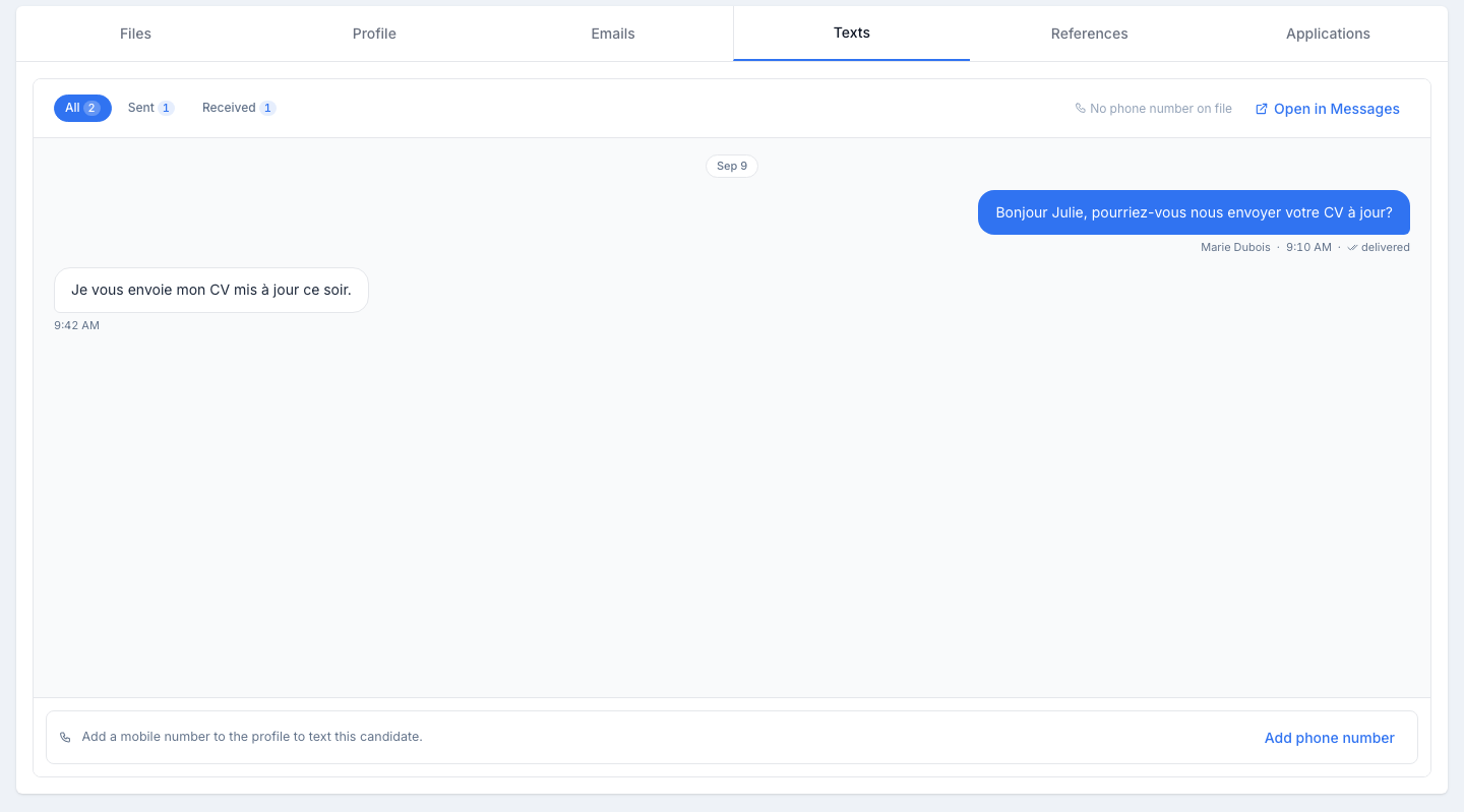 The Texts tab of a candidate without a number: the thread is visible and, in place of the composer, a bar reading “No phone number on file” with an Add phone number button.