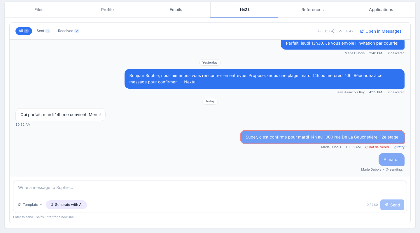 The Texts tab: All / Sent / Received chips at the top, the thread of bubbles with day separators in the middle, and the composer at the bottom with Template, Generate with AI, the character counter and Send.