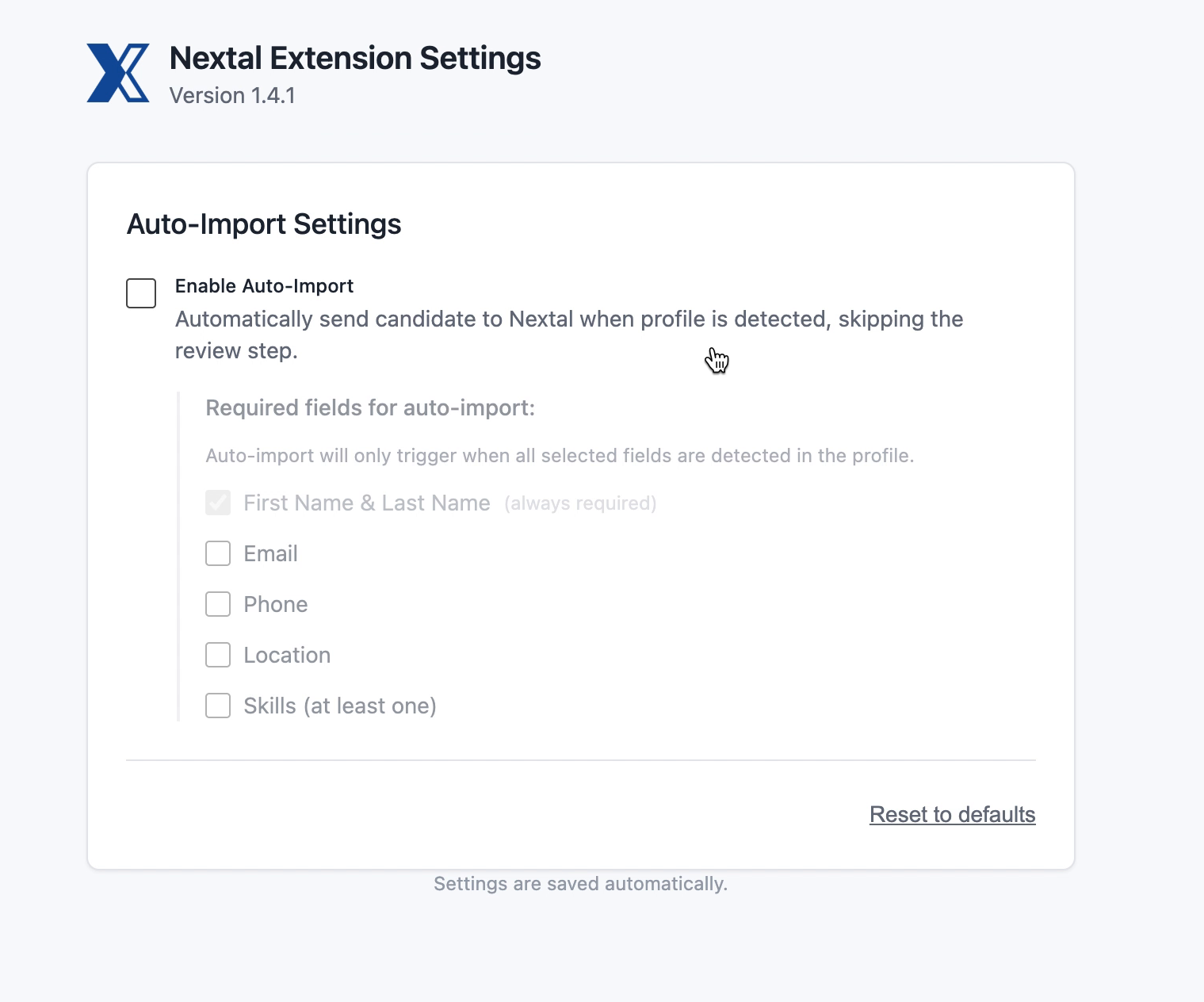 Nextal Extension Settings page showing the Auto-Import Settings section