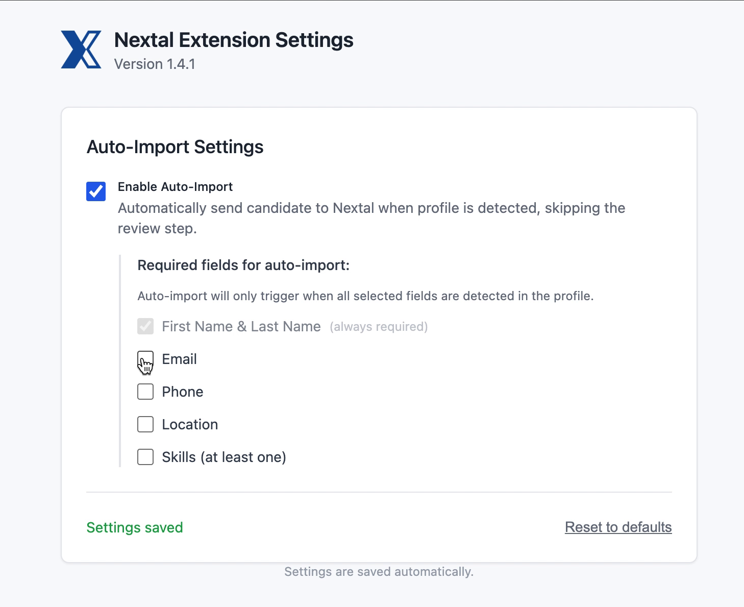 Enable Auto-Import checkbox checked with the Settings saved confirmation message