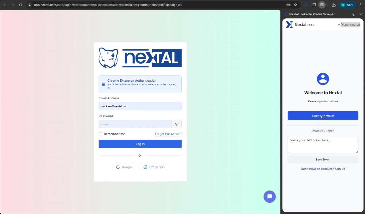 Nextal login page with Chrome Extension authentication