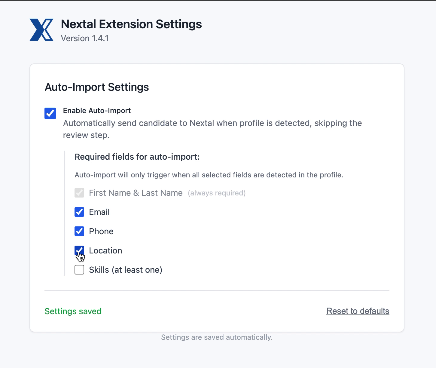 Required fields Email, Phone, and Location checked for auto-import