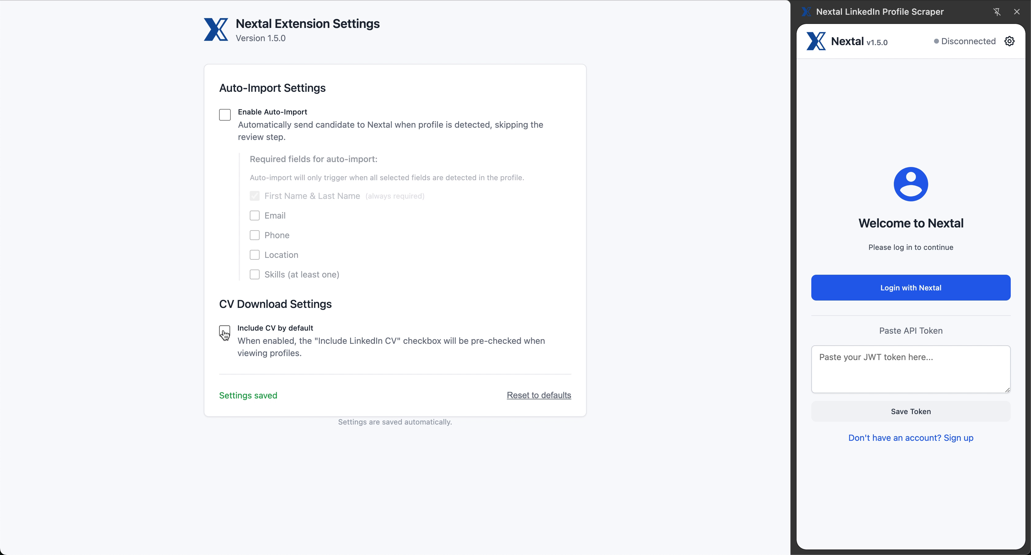 Include CV by default option unchecked with the Settings saved confirmation message
