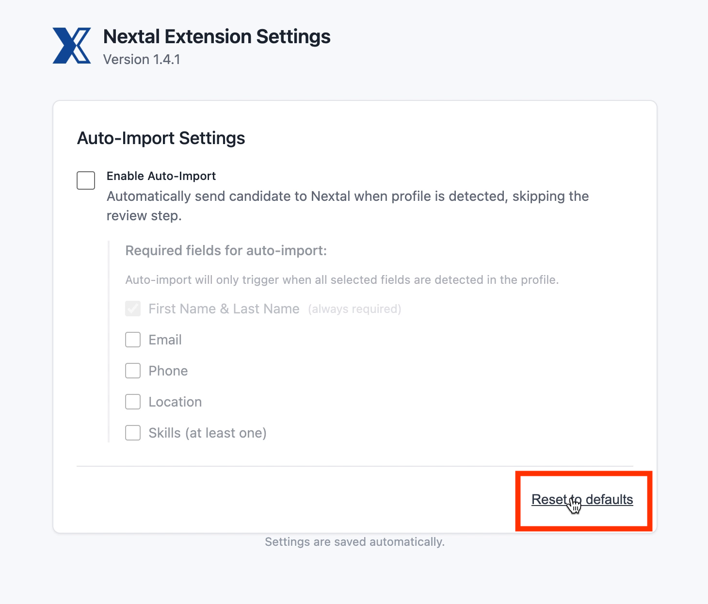 Settings page after reset with all options unchecked
