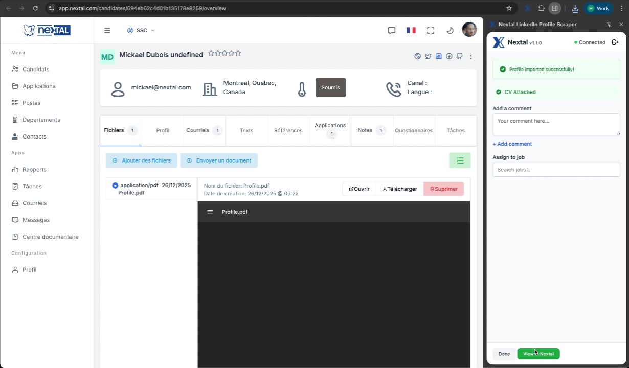Full candidate profile in Nextal with PDF CV attached
